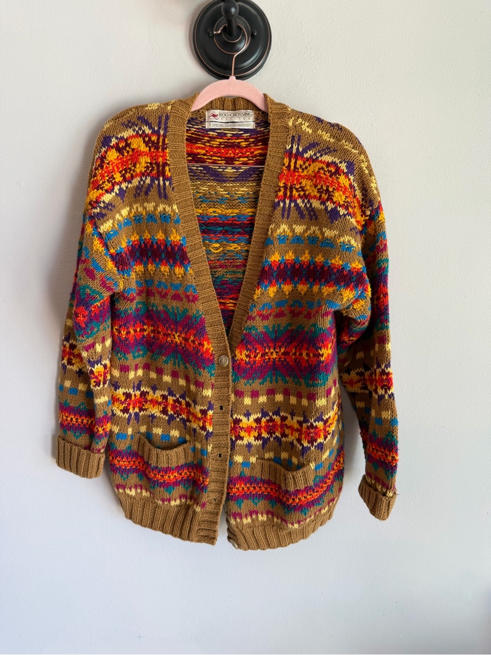 Roo Crossing Petites Handknit Fair Isle Cardigan Sweater Brown Multi Boho V-Neck